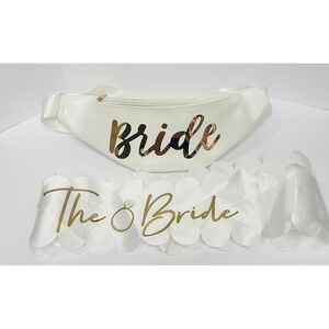 White Bride Belt Bag/ Scalloped Sash Gold Lettering Bride Set Bachelorette Party